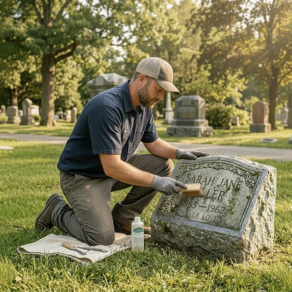 A Tending specialist carefully restoring an aged headstone on-site